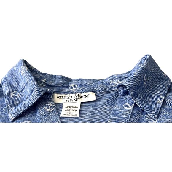 REBECCA MALONE SHORT SLV POINTED COLLAR V-NECK TOP, WOMENS, 1X, BLUE, ANCHORS - Picture 7 of 12